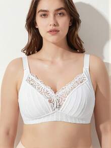 Rosiemei Plus Size Women Wireless Bra, Breathable Non-Slip Lace Patchwork Lift Up Adjustable Strap Seamless Everyday Wear - White - View 2