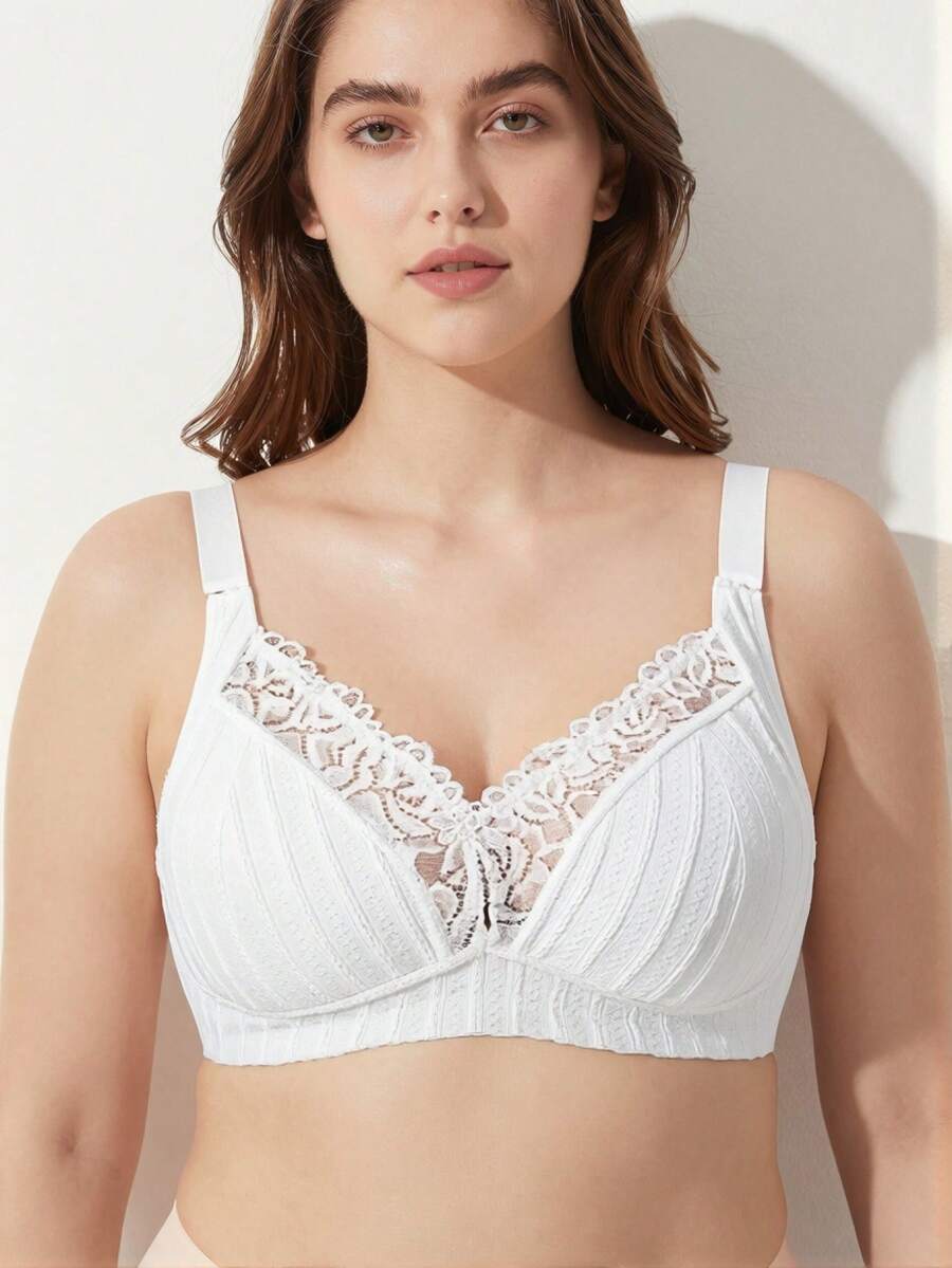 Rosiemei Plus Size Women Wireless Bra, Breathable Non-Slip Lace Patchwork Lift Up Adjustable Strap Seamless Everyday Wear