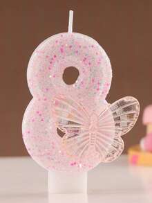 1pc Numeric Birthday Candle, Butterfly Birthday Cake Candle, Pink Glitter Cake Decor, Suitable For Girls And Women Anniversary Celebration - Pink - View 6