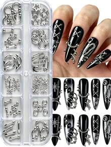 12pcs Punk Y2K Nail Piercing Decor Set 3D Metal Silver Mixed Style C-Ring Star Safety Pin Spike Barbell Rivet DIY Gothic Cool Nail Art Decoration For Women - Multicolor - View 3