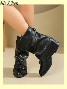 Booties For Women, Slouch Fold Over Mid Calf Slip On Boots With Decorative Buckles, Chunky Heel Fashion Versatile Fall Shoes For Daily Street Outfits - Black - View 3