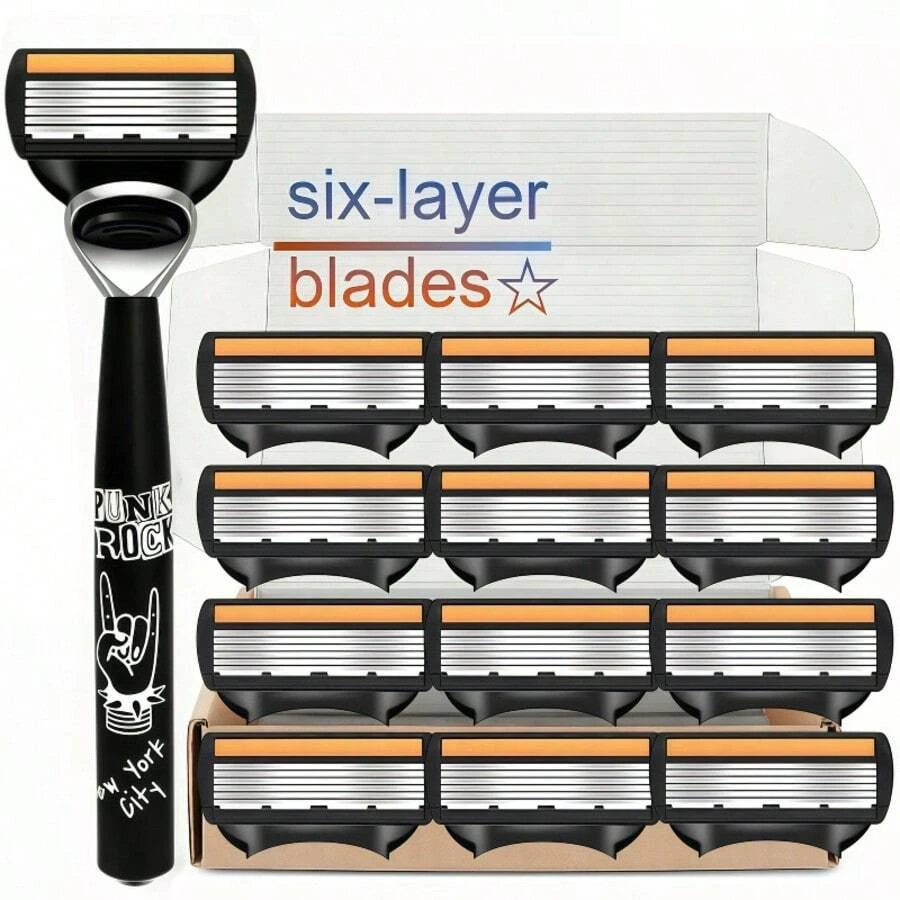 6-Layer Men's Shaver | Metal Handle & Shaver Blades, Stainless Steel Body & Facial Hair Removal Tool For Beards & Mustaches