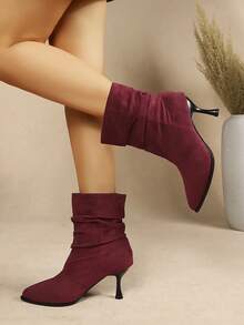 New Knitted Pointed Toe High Heel Ankle Boots, Fashionable Elegant Elegant Style, Suitable For Campus, Knitted Ankle Boots - Burgundy - View 5