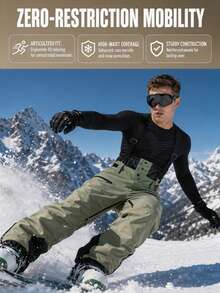 1pc Men's Detachable Bib Ski Pants, Cross Adjustable Shoulder Straps With High Waist Snow-Proof Design, Dual Side Zipper Storage Pockets, Inner Thigh Ventilation Zipper, Adjustable Hem Zipper, Waist Snow Skirt Structure, Reinforced Stitching, Loose Straight Fit, Single/Double Board Outdoor Snow Sports Bib Pants - Army Green - View 4