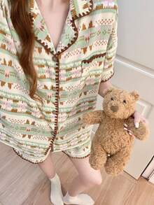 2pcs/Set Women's Pajamas Homewear Set, Middle Eastern Print Pattern Fashion Lapel Cardigan Simple Short Sleeve Shorts, Comfortable For Home - Multicolor - View 2