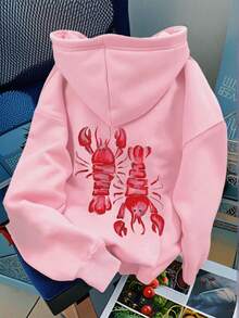 Women's Plus Size Thin Hooded Sweatshirt, Long Sleeve, Pink Lobster Print, Summer Beach Club Casual Fashion Sweatshirt, Comfortable Women's Autumn/Winter Daily Wear, Suitable For Daily Outings, Parties, School, Music Festivals, Vacations And Commuting. Can Be Given As A Gift To Family, Boyfriend, Girlfriend, Friends, Ideal Autumn/Winter Clothing For Girls. - Pink - View 1