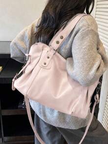 Minimalist Solid Color All-Match Design, Metal Rivet Reinforced Shoulder Strap, Comes With Adjustable Extendable Crossbody Strap. Soft And Relaxed Body, Versatile Style, Can Be Freely Paired With Various Charms, Suitable For Multiple Outfits - Pink - View 7