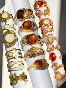 6/11/18/22/24/30pcs Artificial Gemstone Inlaid Women's Ring Set, Party Holiday Daily Wear Finger Accessories, Fashion Jewelry Gift, Random Style - Multicolor - View 5
