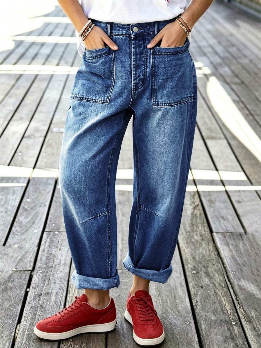STLY Women's Autumn/Winter Wide Leg Curved Banana Jeans Creative Cut Design Vintage Street Style Personalized Slim Fit Versatile All-Season Casual - Dark Blue - View 1