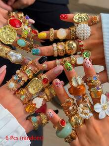 6/11/18/22/24/30pcs Artificial Gemstone Inlaid Women's Ring Set, Party Holiday Daily Wear Finger Accessories, Fashion Jewelry Gift, Random Style - Multicolor - View 16
