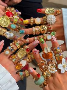 6/11/18/22/24/30pcs Flower & Heart Women's Ring Set, Elegant Luxury Mixed Style Multi-Piece Rings, Fashion Jewelry, Best Gift, Random Style - Multicolor - View 9