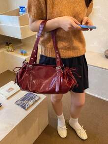 鉚釘裝飾女款腋下包 可拆卸肩帶 拉鍊開合 酷感風格 獨特小眾 日常街拍約會通勤休閒斜挎包 - 酒紅色 - 查看 4