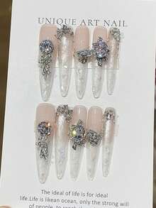 10 Peças Unhas Postiças Feitas à Mão Oval/Apontadas, Estilo Y2K, Adequadas para Férias de Verão, Temporada de Formatura, Outono/Inverno, Adequadas para Meninas e Mulheres, Festivais, Festivais de Música, Uso Diário, Presente do Dia dos Namorados - Prata - Visão 13