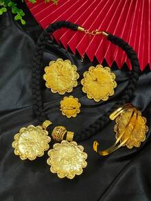 1 套 6 件金色花朵装饰项链、耳环、手链、戒指、发夹、发链首饰套装，适用于迪拜、美国、英国、沙特阿拉伯、非洲、婚礼、派对、情人节、母亲节、教师节、返校礼物，适合送给她、妈妈、母亲、母亲节、礼物 - 金黃色 - 查看 3
