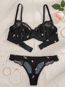 DAZY 1set Women's Black Floral Lace Trim Bra Set, Lingerie - Black - View 4