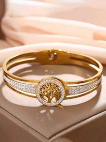 RAYQUEEN Stainless Steel Tree Of Life Heart Pendant 3-Layer Necklace And Rhinestone Bracelet Jewelry Set For Women, Suitable For Holiday Gifts - Gold - View 3
