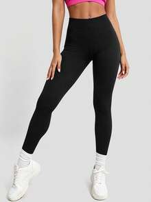 Seamless Ribbed Fitness Leggings, Slim Fit Slim Fit Workout Leggings, Multi-Scenario Training Activewear Sports - Black - View 6