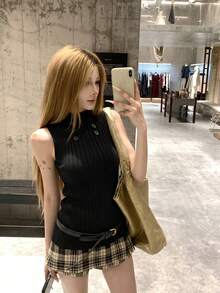 女款春夏/秋冬黑色修身針織無袖背心上衣，百搭設計，顯瘦修身外穿夏季款 - 黑色 - 查看 3