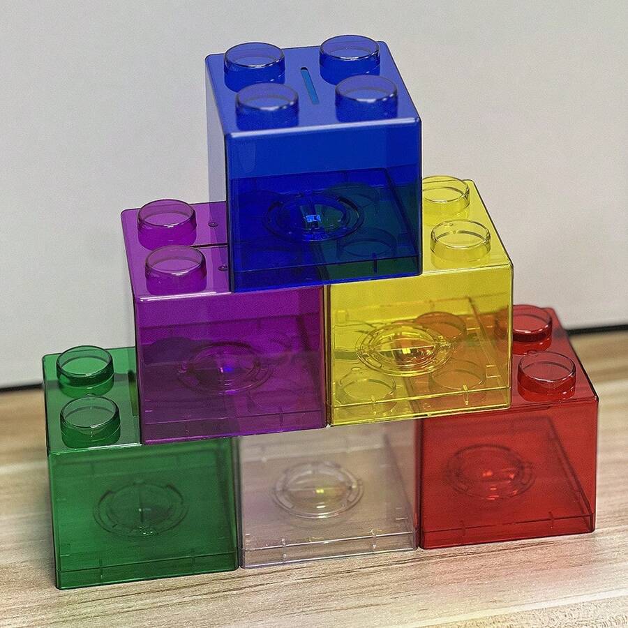 1PC Reative Transparent Building Block Shaped Piggy Bank, Stackable Coin Saving Box, Desktop Decorative Cash Storage Container, 6 Optional Colors, Large Capacity Money Holder For Home Office Tabletop Ornament, Clear ABS Material Reusable Savings Jar.