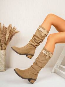 Women's Faux Suede Tall Boots With Buckle, Chunky Heel, Western Style, Ruched Stacked Boots, Commuter Boots - Khaki - View 2