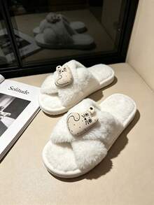 Women's Fleece Slippers - Cute Cartoon Cat Cross-Band Open-Toe Style, Plush Soft And Comfortable For All Seasons Indoor Home Slippers - Style B-white - View 6