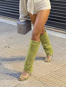 時尚歐美風橄欖綠布料方頭套腳式不對稱鞋跟女款高跟中筒及膝靴 - 橄欖綠 - 查看 5
