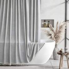 1pc Faux Linen Tassel Decor Shower Curtain, Bohemian Country Style Waterproof Fabric Bathroom Curtain, With Rust-Proof Metal Rings And Hooks, Durable Washable Bathroom Decor - Imitation Linen Tassels - View 30