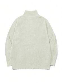 Men's Unisex Half-Zip Pullover Knit Sweater, Casual Daily Commute Versatile Solid Color Striped Loose Long Sleeve Half-High Neck Knit Top Sweater For Autumn And Winter - Beige - View 4