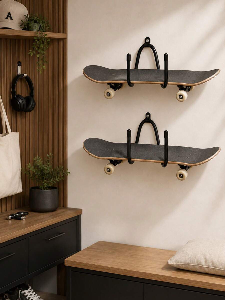 1pc Multi-Functional Wall-Mounted Storage Rack With Adjustable Hooks, Suitable For Storing Skateboards, Guitars, Longboards And Snowboards, Easy To Install And Use, Ideal For Autumn/Winter Item Storage - Multicolor - View 1