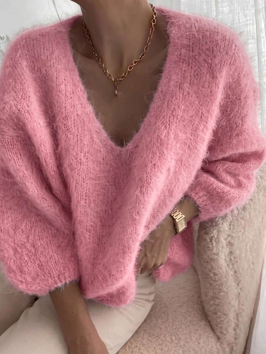 Suéter de punto fino de unicolor con cuello en V - Rosa frambuesa - Ver 1