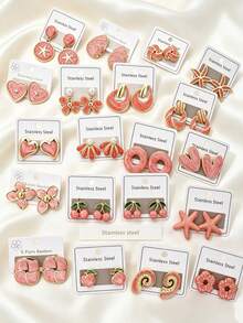 Assorted Random Styles, Cute Pink Enamel Stud Earrings Set, 5 Pairs/10 Pairs Random Sweet Heart, Flower, Star, Cherry Dangle Earrings, Hypoallergenic Stainless Steel Ear Pendant Jewelry, Women & Girls Daily, Vacation, Party Accessories - Pink - View 7