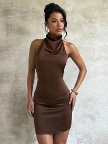 Women's Summer Brown Satin Backless Halter High Neck Sexy Fashion Party Dress, Suitable For Dating, Party, Vacation - Brown - View 2