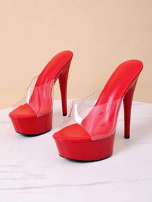 Transparent Single Strap Solid Color Nightclub Style PVC Sequin 2026 High Heel Shoes Party Summer - Red - View 2