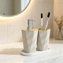 3 Piecesminimalist Black And White Geometric Bathroom Accessory Set, Bamboo Decorative Soap Dispenser, Toothbrush Cup With Trays, Modern Dressing Tables, Countertops, Home Bathroom Decorations - Multicolor - View 8