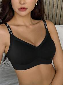 DAZY Non-Underwire Jelly Soft Support Camisole Lettered Shoulder Strap Anti-Sagging Racerback Seamless Bra - Black - View 2