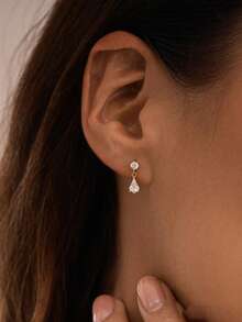 1Pair Dainty Gold‑Tone Round & Kite Cut CZ Drop Earrings, Elegant Sparkling CZ Dangle Earrings, Minimalist Jewelry For Women Daily Dating Wedding Wear - Gold - View 5