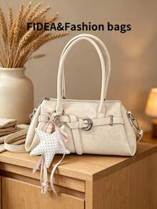 Women's Shoulder Underarm Bag, Solid Color PU Material With Leopard Print Element Design, Metal Shoulder Strap Decoration, Versatile Fashion, Comes With Personalized Star Pendant, Suitable For Travel, Shopping, Dating, Gift-Giving And Other Occasions - Beige - View 9