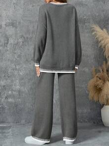女款兩件式拼色針織衫套裝，長袖圓領上衣搭配長褲，休閒秋冬居家服套裝，女款秋季穿搭 - 深灰色 - 查看 6