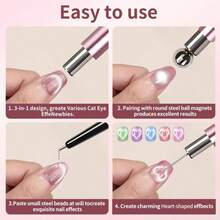 3Pcs Cat Eye Manicure Styling Kit, Heart Shaping Metal Tool And Micro Bead Dot Pen For Salon Nail Design - Multicolor - View 3