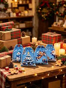 50pcs/25pcs/1pc Christmas Blue Drawstring Gift Bag - Includes Snowman, Santa Claus, Reindeer, And Christmas Tree Designs; Suitable For Christmas Party Gift Wrapping, Winter-Themed Party Souvenirs, And Christmas Dinner Favors. - One Size Fits All - View 7