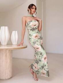 Colysmo Elegant Green Floral Print Backless Fishtail Dress For Women, Suitable For Formal Weddings,Bridesmaids, Evening Parties, And Cocktail Parties. - Green - View 7