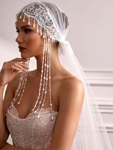 1 Stück 1m Vintage Spitzen Perlen Quaste Kopfschleier, Kirchen Hochzeit Gesichtsschleier mit Haarspange - Verschiedenfarbig - Übersicht 8