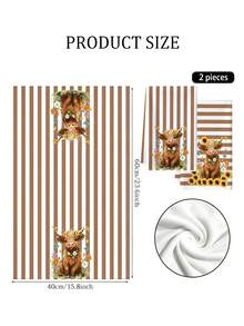 2pcs American Farm Style Highland Cow Print Towels, Brown & White Striped Sunflower Decor Kitchen Hand Towels, Soft & Absorbent Microfiber Towel Set, Suitable For Kitchen Decor, Dining Table Decor, Bathroom Decor, Warm Gift For Friends And Family - Multicolor - View 3