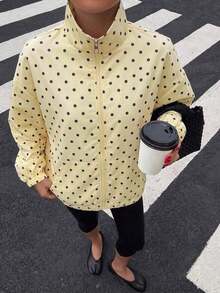 Chaqueta de manga larga con lunares y cremallera, casual y versátil para uso diario y viajes para mujer - amarillo ganso - Ver 4