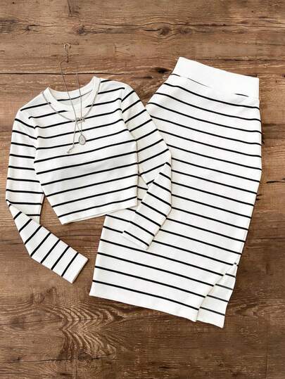 Women's Casual Elegant Striped Long Sleeve Round Neck Cropped Top With Slit Skirt 2-Piece Set, Autumn Outfit Choice.