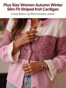 Plus Size Women's Colorblock Striped Knit Cardigan, Slimming Front Button Soft Casual Long Sleeve Jacket, Autumn/Winter - Multicolor - View 9