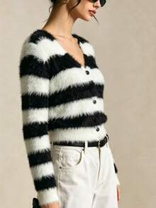 Elegant Striped V-Neck Fuzzy Knit Cardigan - Black and White - View 3