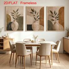 3Pcs Unframed Boho Botanical Art Print Set, Neutral Earth Tone Vase Leaf Canvas Posters, Abstract Geometric Shape Wall Ornament, Modern Minimalist Decor For Living Room Bedroom - A - View 1