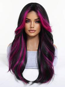 Topshe Ava WIGS 24英吋紅色挑染長波浪假髮，附簾幕瀏海，免膠水耐熱合成纖維無蕾絲假髮，女款黑色混紅長波浪假髮，適合日常穿戴、派對、Cosplay，多色假髮，完美的萬聖節女性禮物 - 紫色 - 查看 4