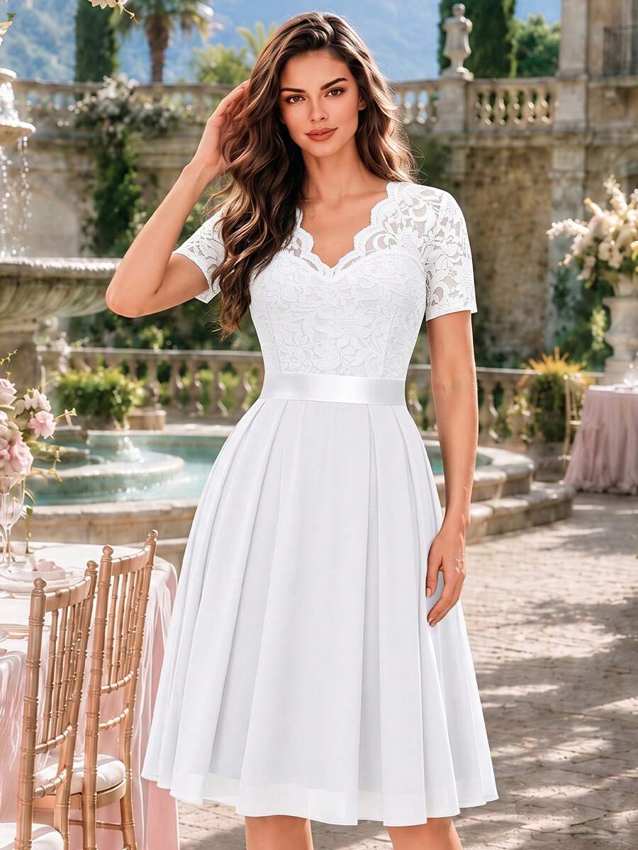 MIUSOL Elegant V-Neck Floral Lace Pleated Hem Chiffon Ball Gown Summer - White - View 1